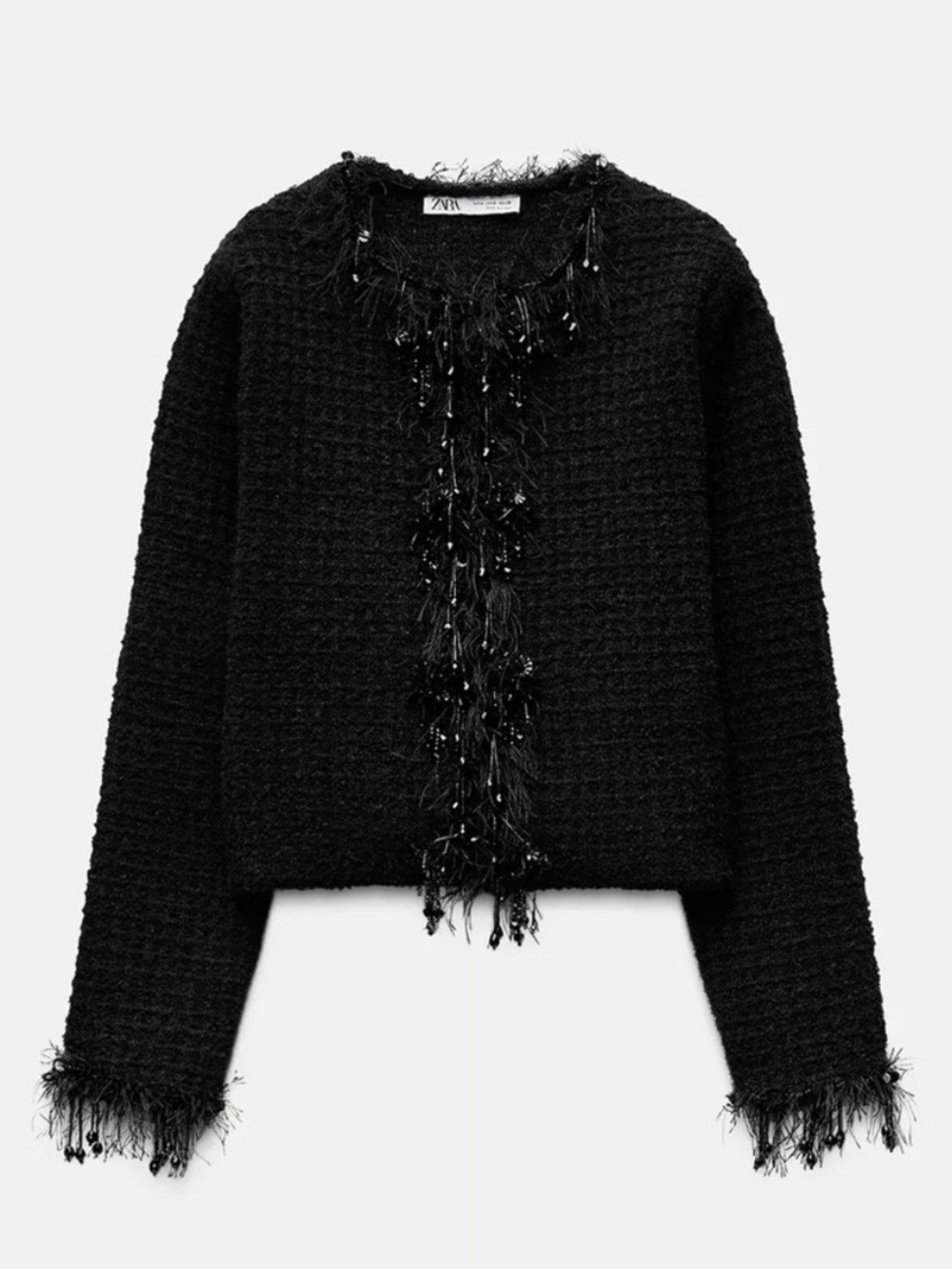 NWT Zara Black Textured Beaded Fringe Trim Cropped Jacket Size XL